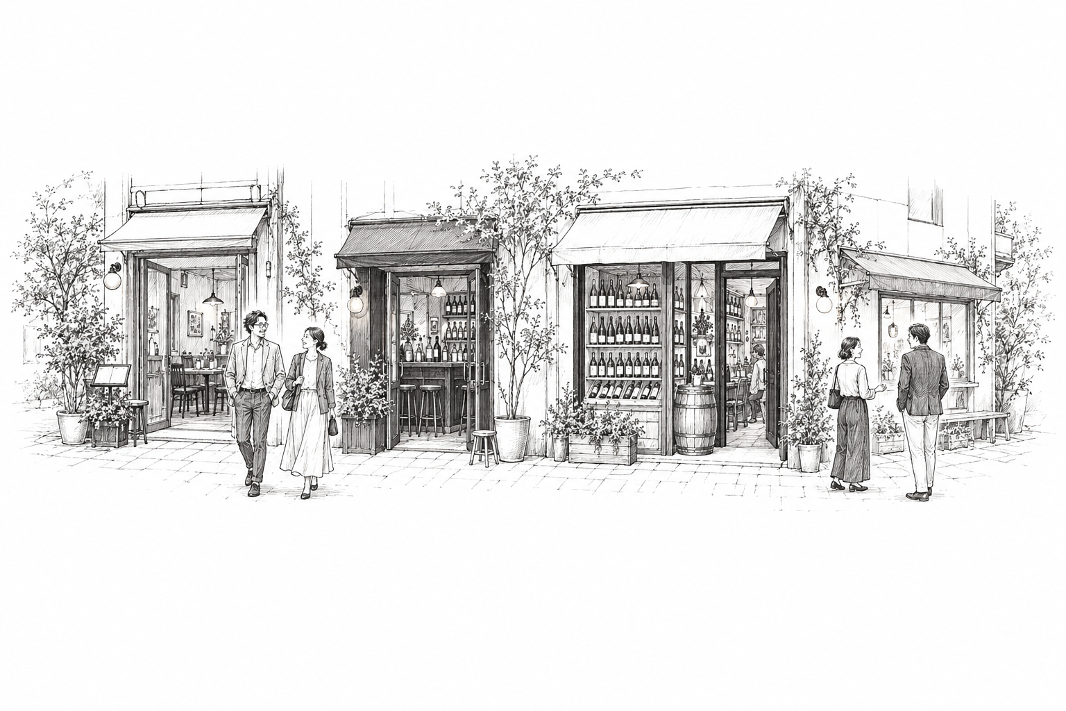 小さなお店が並ぶ街を歩く大人たちの白黒イメージイラスト