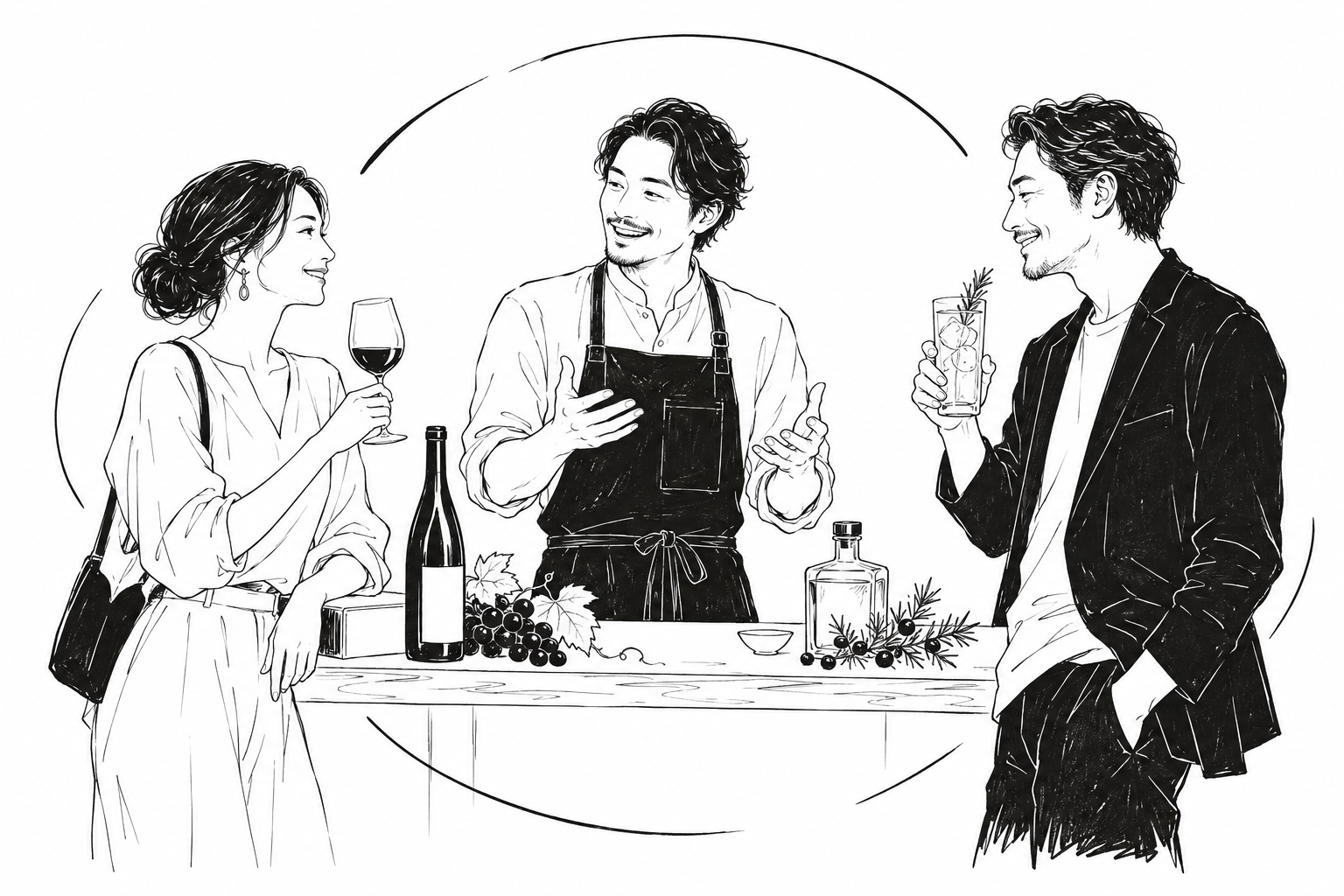 ワインとジンを片手に、造り手と会話する大人たちの線画