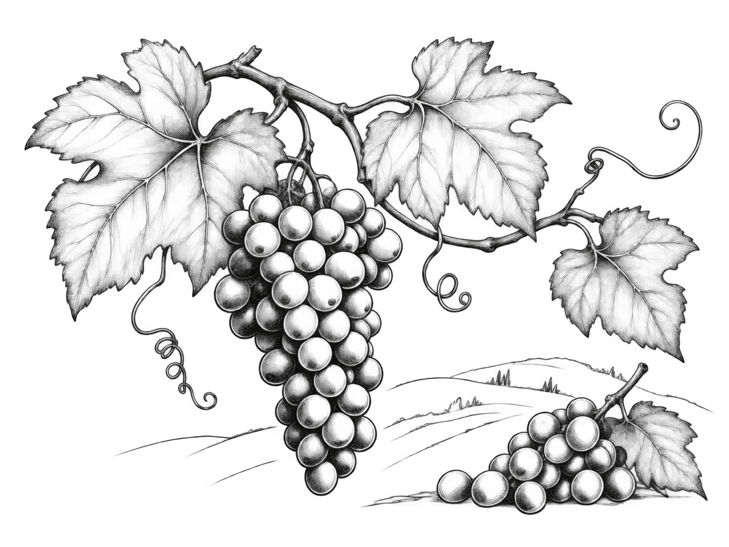 ぶどうの房とつる、畑の起伏を描いた線画